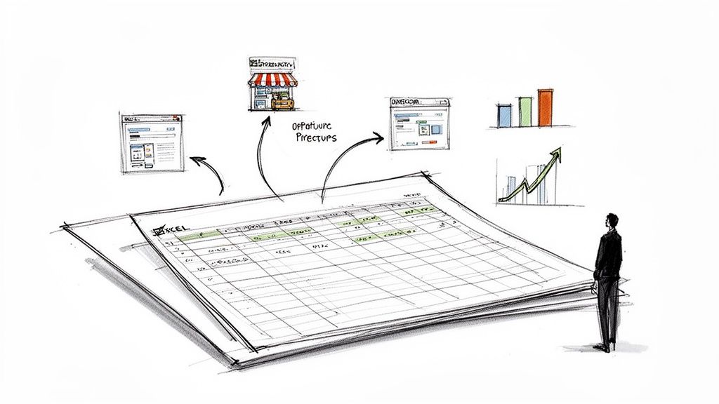Sketch of business intelligence: web and store data processed in Excel, leading to growth charts.