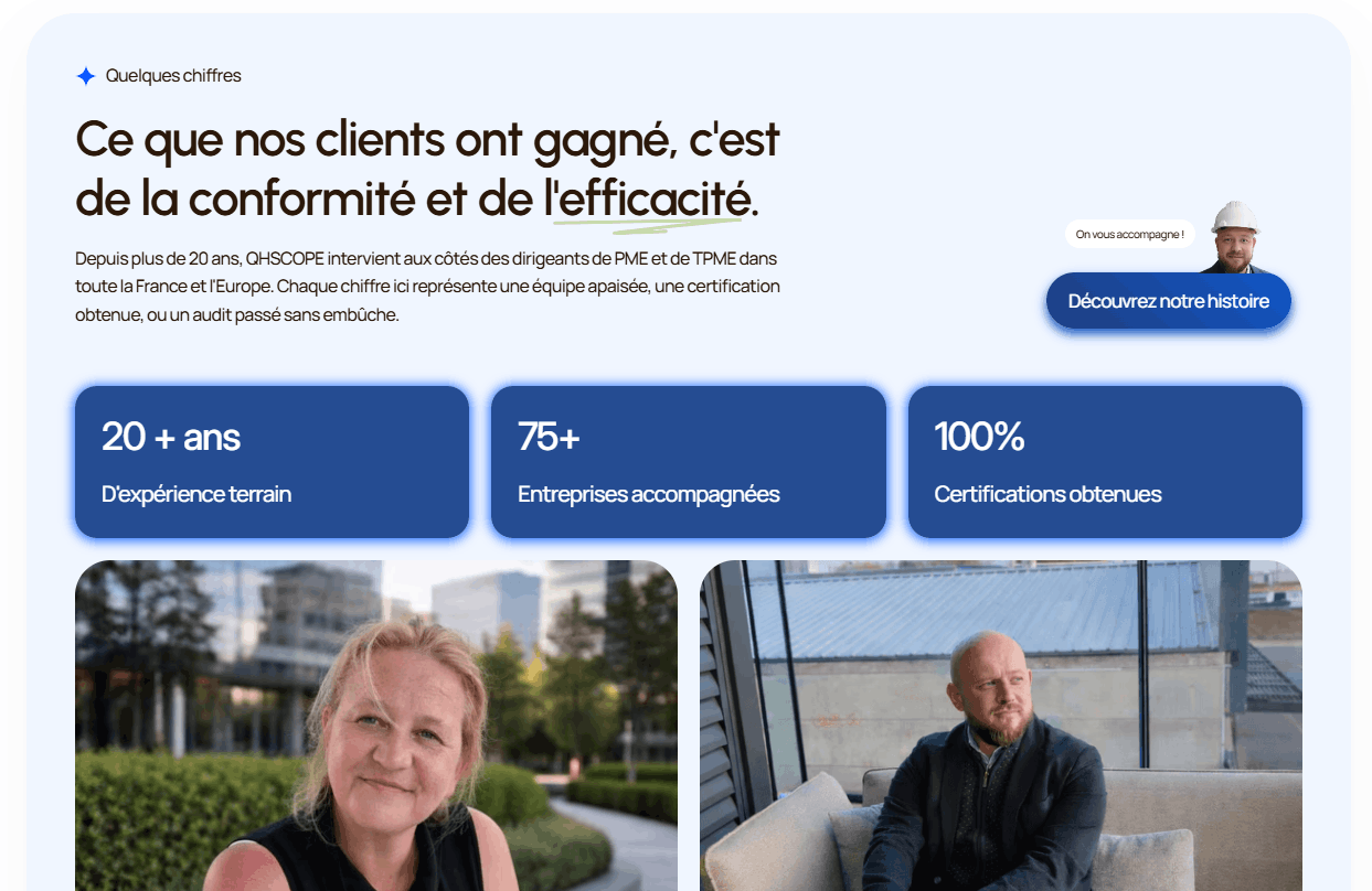Secteurs d'intervention QHSE de Qhscope : BTP, agroalimentaire, industrie pharmaceutique, restauration, énergie — page services développée par SL Vision