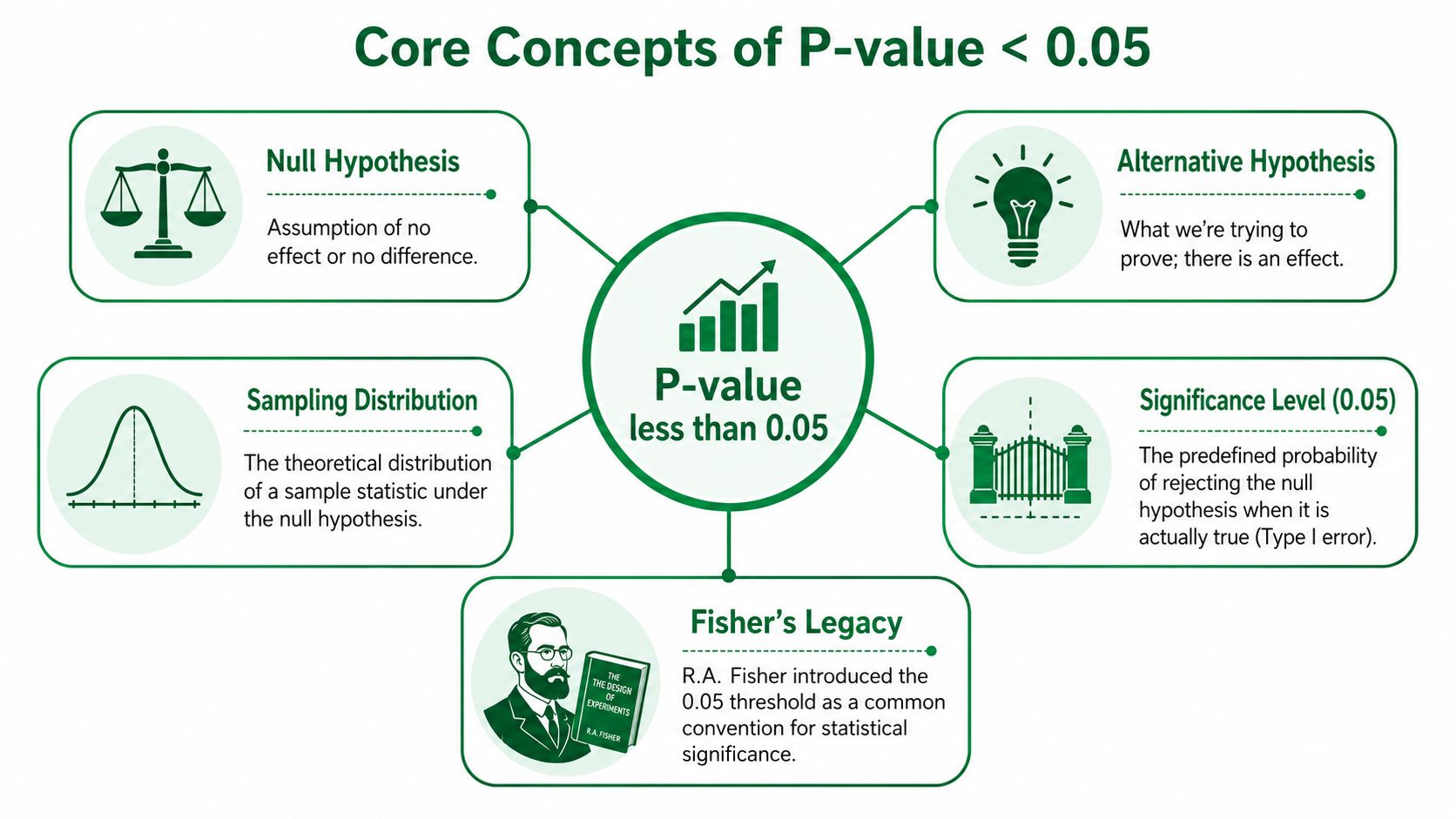 A diagram explaining the core statistical concepts related to a p-value of less than 0.05.