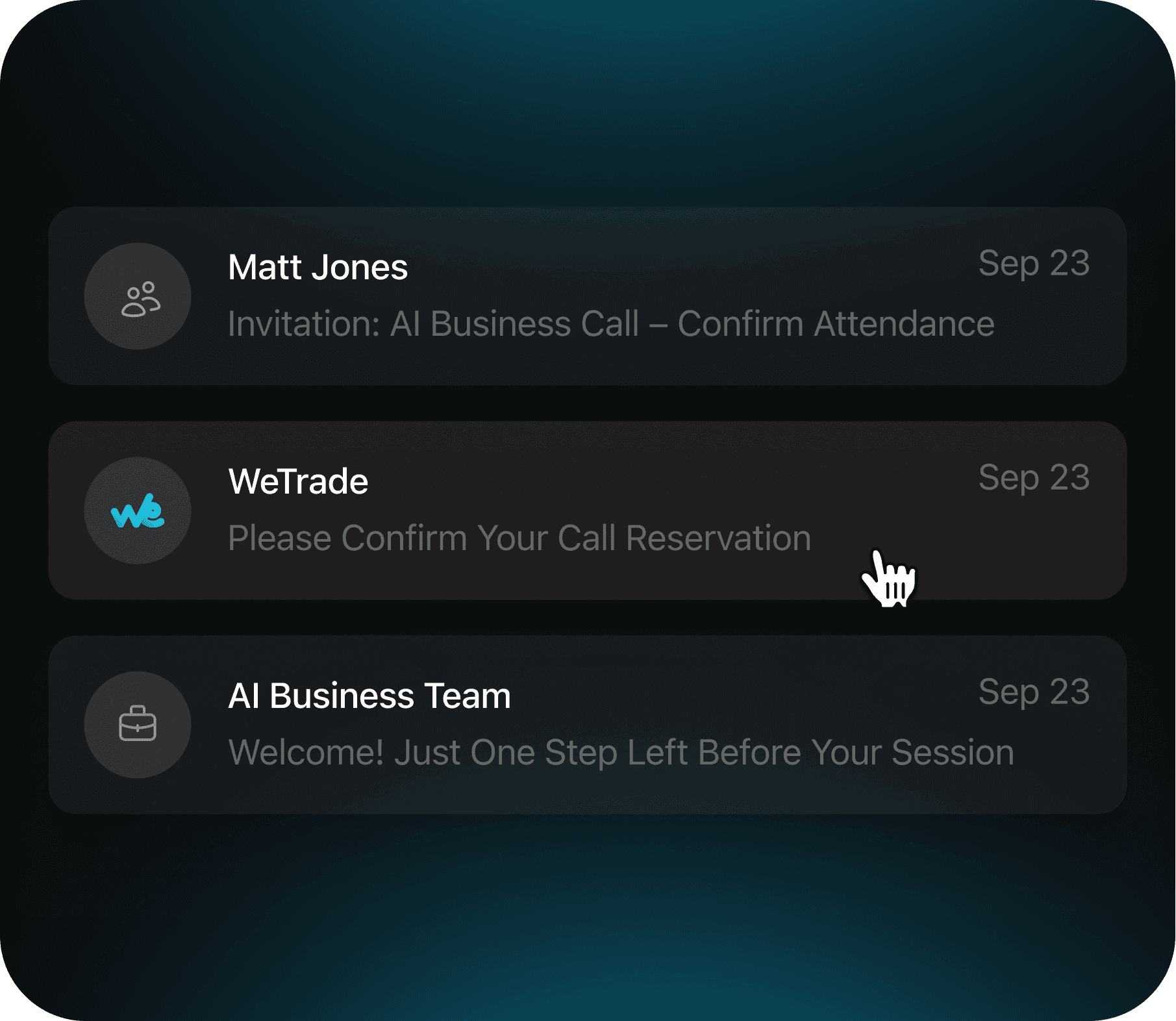 Three notification banners from messaging apps are displayed with various messages and dates, set against a dark gradient background, each representing a different entity and related to business or meeting confirmations.