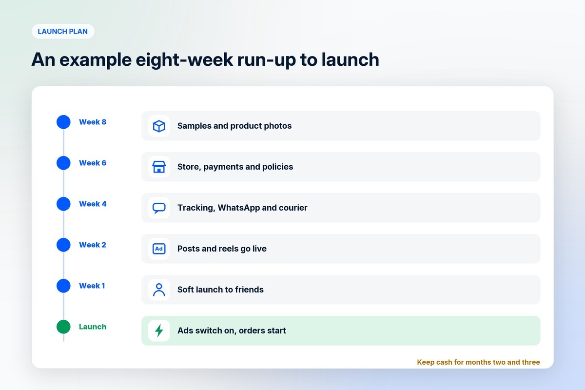 An example pre-launch plan from samples and photos through store setup, payments, tracking, content and a soft launch before the public launch