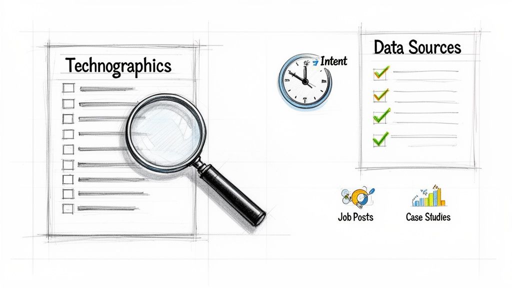 A sketch illustrating technographics, intent, and data sources like job posts and case studies for business analysis.