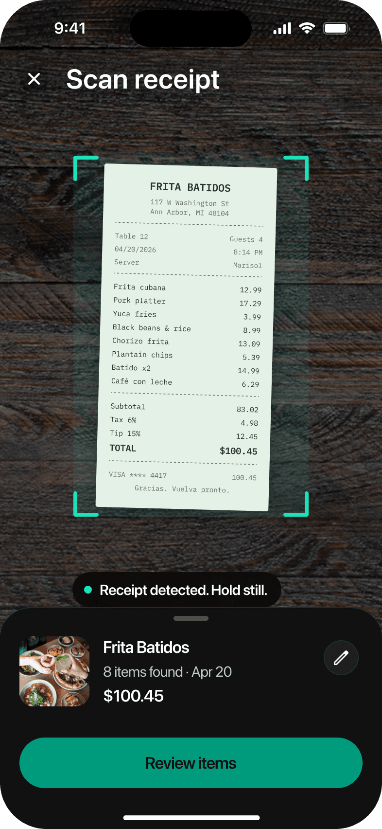 Receipt detected: Frita Batidos, 8 items, $100.45