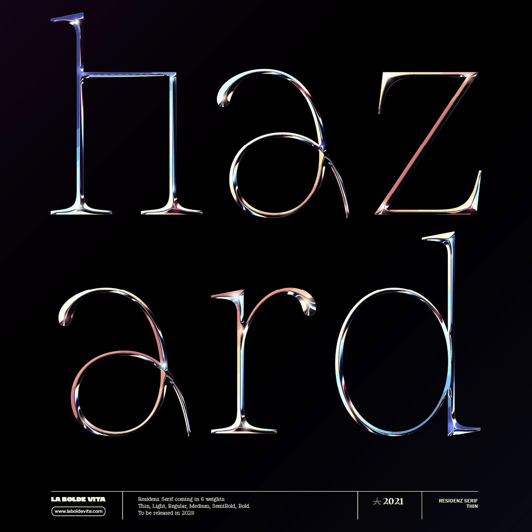 chrome letters reading "hazard" set in Residenz Serif on a plain black background