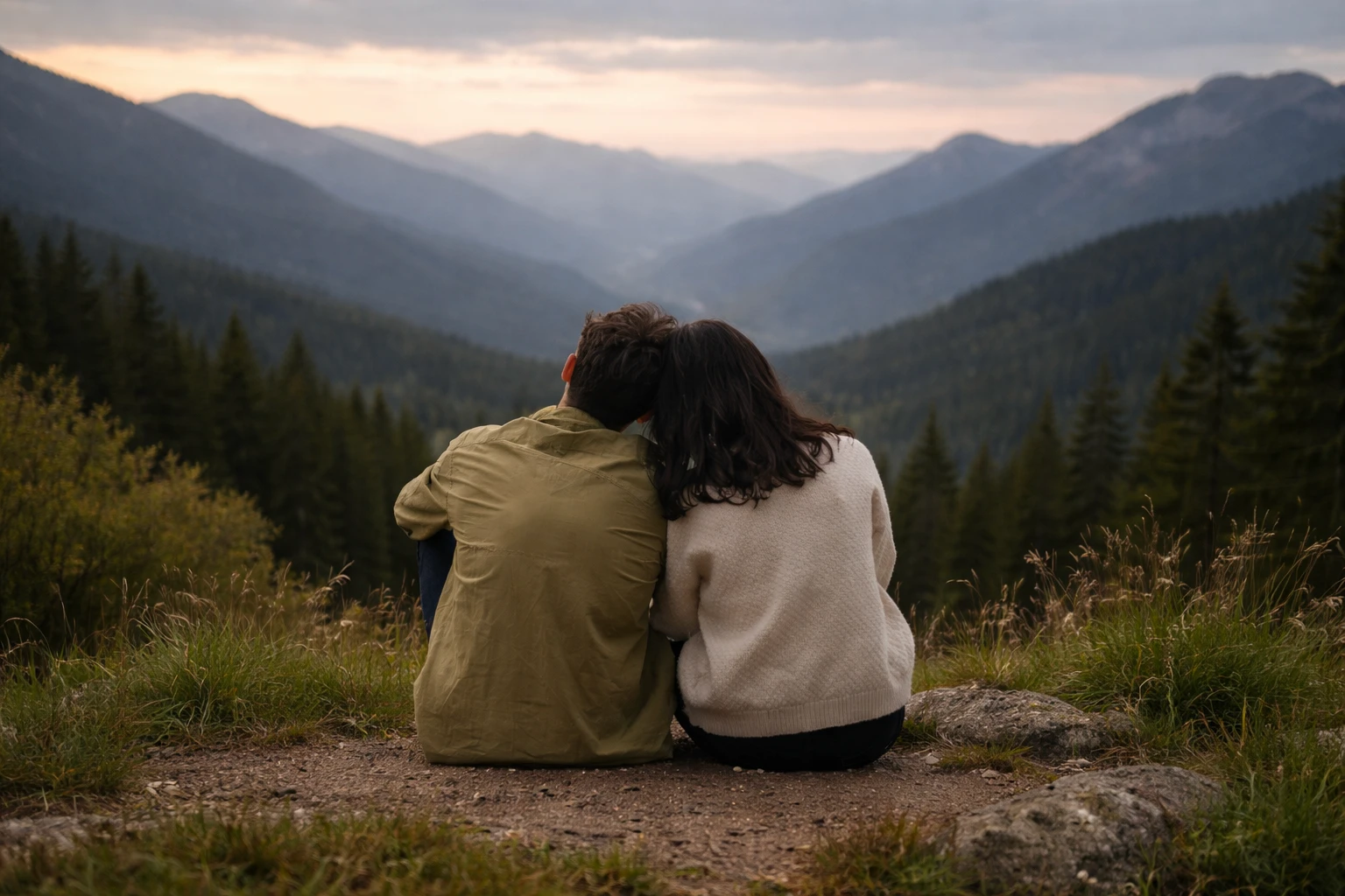 Neura Health Couple sitting close together facing a mountain valley view at sunset.