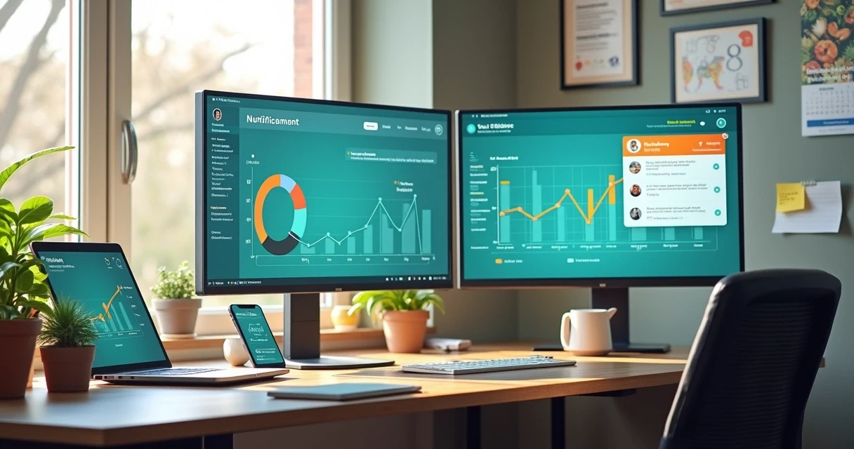 Consultório de nutrição moderno com telas exibindo gráficos e notificações digitais 