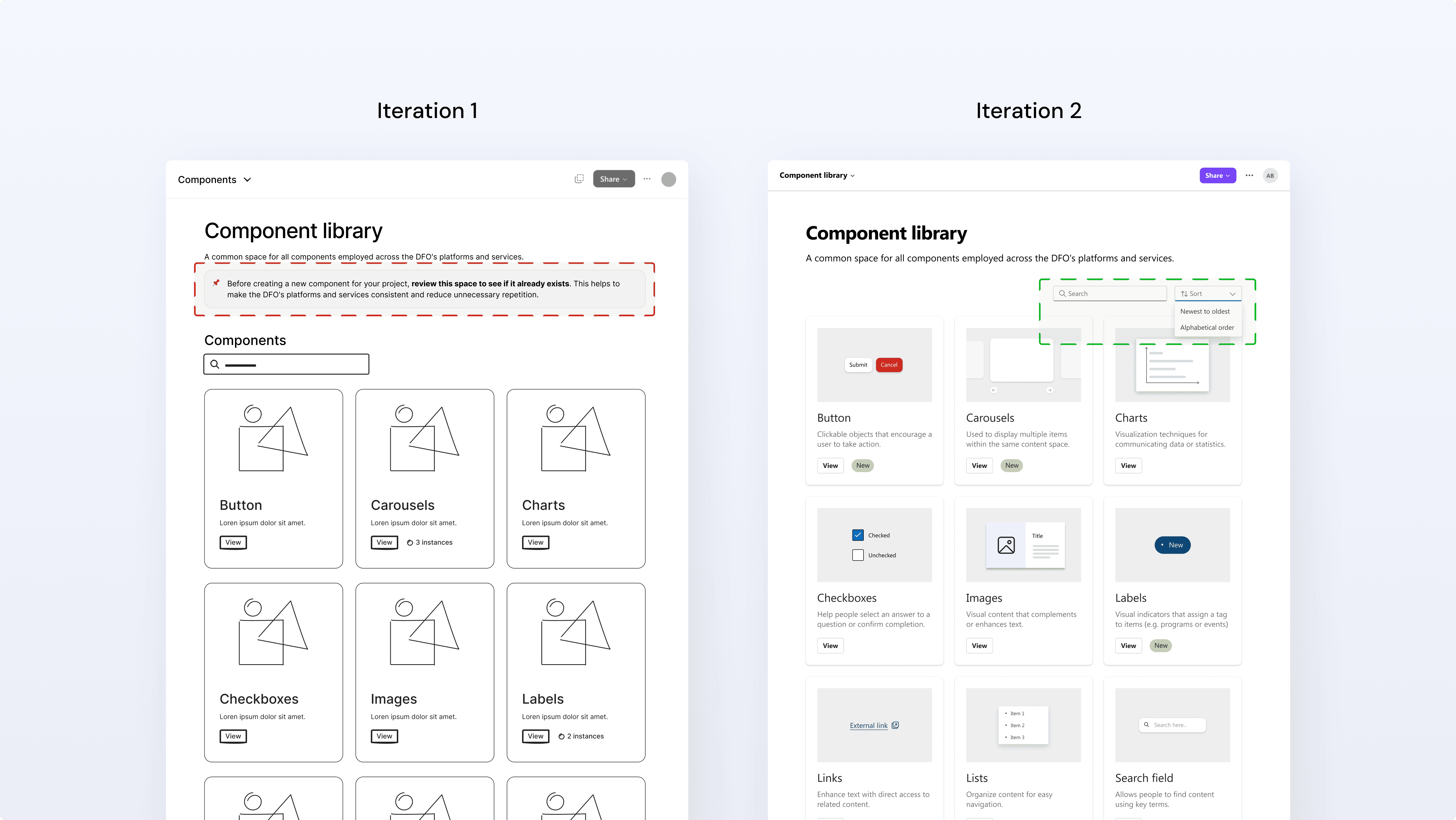 An image comparing two iterations of the UI