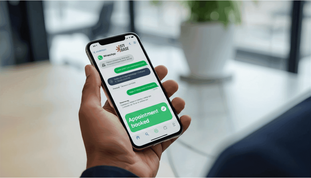 AI automation Dubai - a hand of a man holding a phone and a whatsapp ai agent booking an appointment