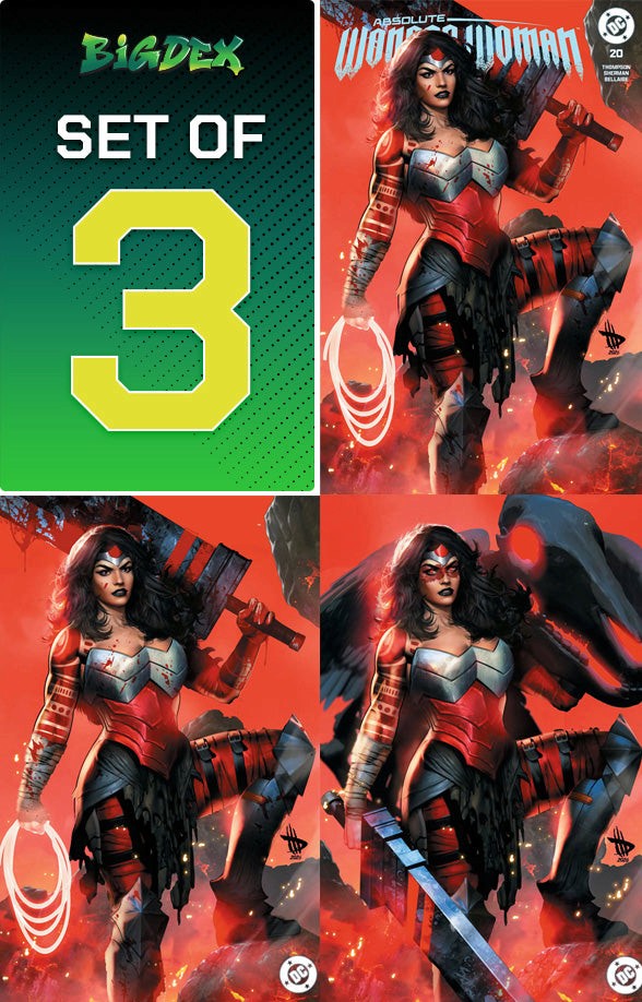 Absolute Wonder Woman #20 Dave Wilkins full set featuring Trade Dress, Virgin Variant, and War Paint Virgin Variant exclusive Wonder Woman covers from Big Dex Comics.