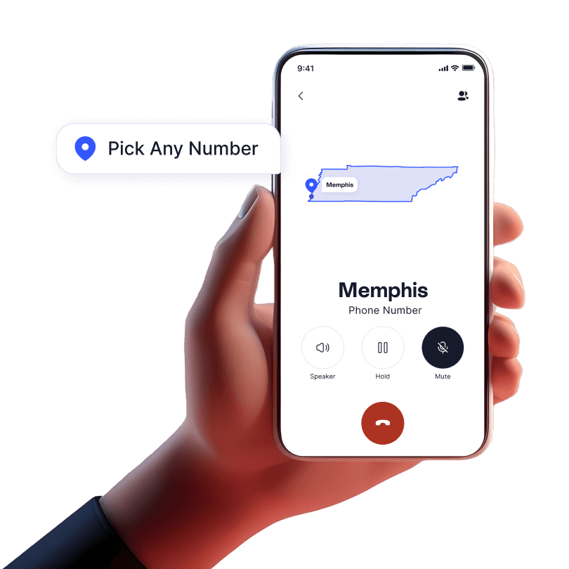 Memphis shown on a map with location pin and area code displayed, indicating a local business number on LinkedPhone.