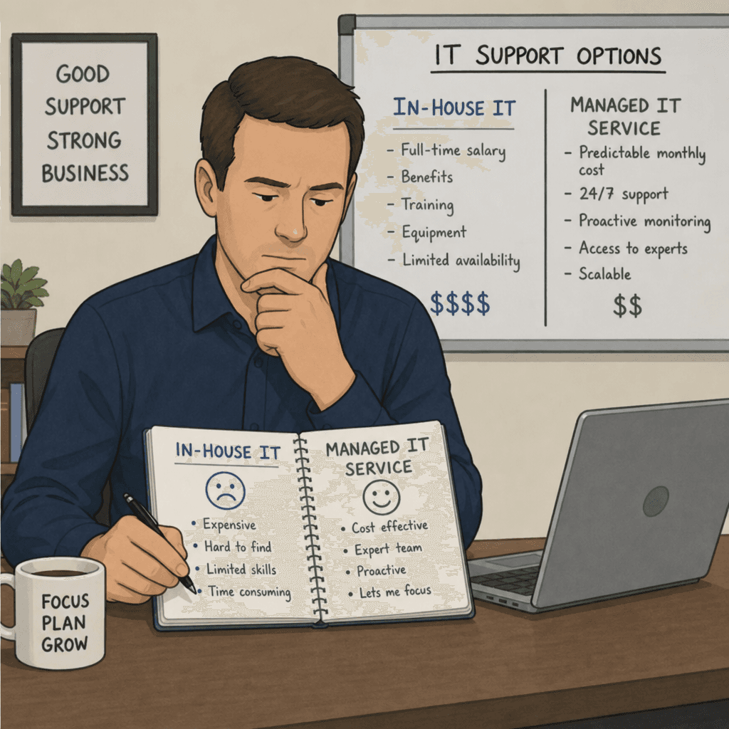Business owner comparing IT support options