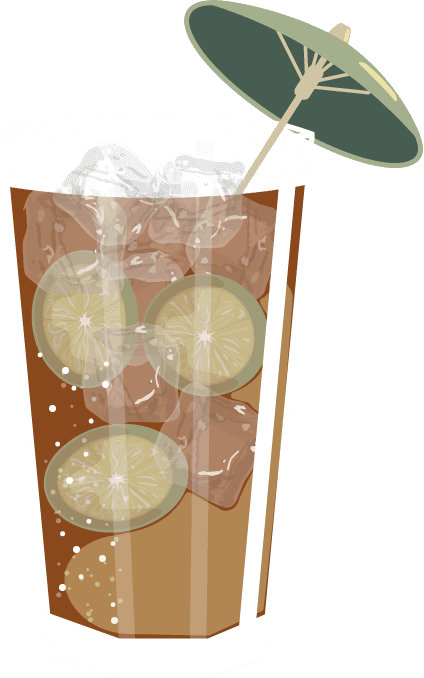 Eine Illustration eines erfrischenden Cocktails in einem hohen Glas mit Eiswürfeln und Limettenscheiben. Ein grüner Cocktail-Schirm steckt dekorativ im Glas. Der Text im Hintergrund deutet auf eine stilvolle Atmosphäre hin.