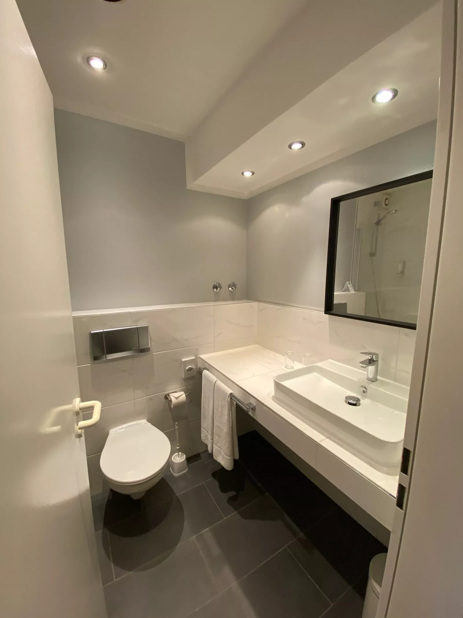 Aufnahme ins Badezimmer mit WC und Waschbecken