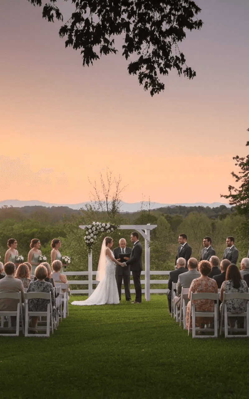 Outdoor wedding ceremony at sunset with a couple exchanging vows under a floral arch, surrounded by bridesmaids, groomsmen, and seated guests on a grassy lawn.