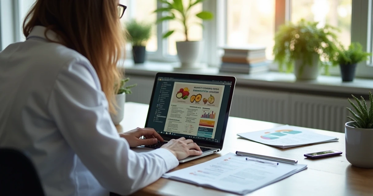 Nutricionista avaliando opções de cursos em laptop, com anotações e gráficos ao redor 