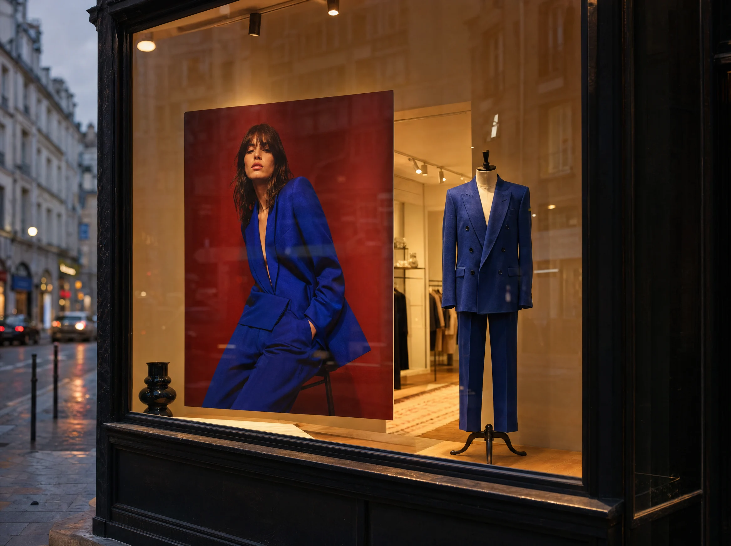 Paris boutique window with the cobalt suit poster and a suit on a mannequin