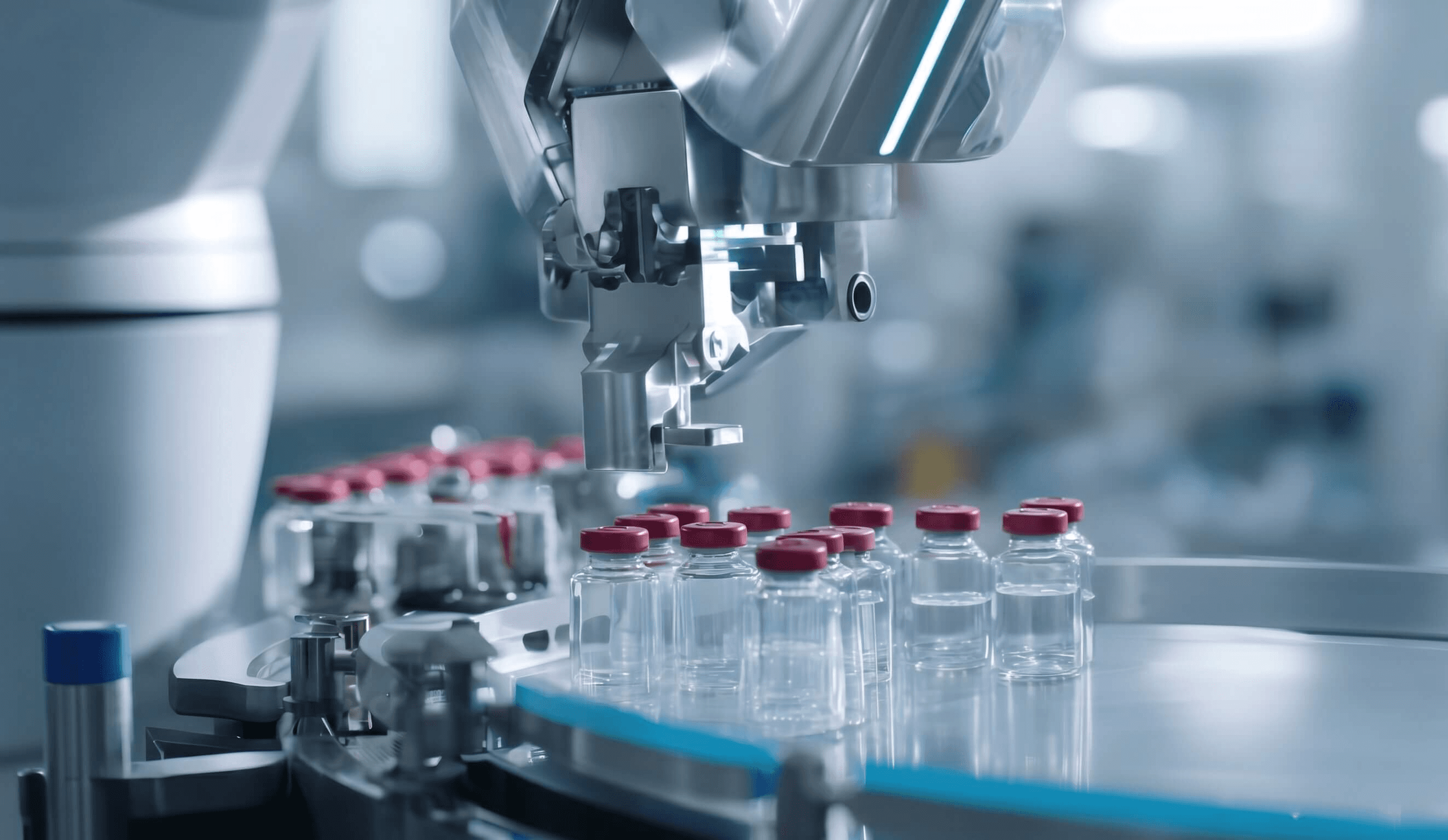 An automated robotic arm precisely handles vials on a high-speed manufacturing conveyor belt.