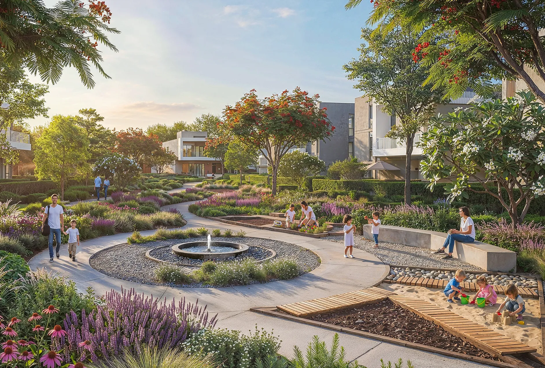 Modern bathroom featuring a walk-in shower, wooden vanity, round mirror, and elegant marble tiles.