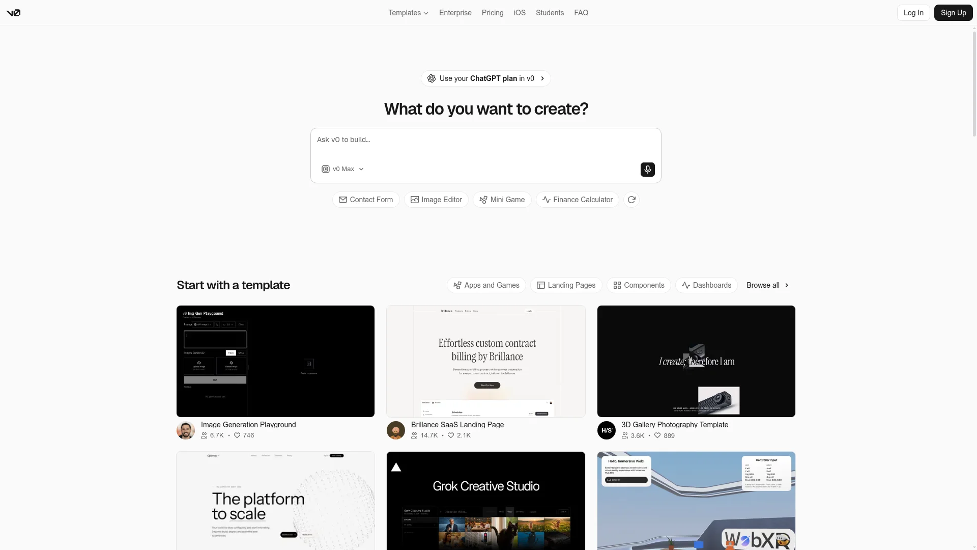 v0 by Vercel homepage with a prompt box and app templates