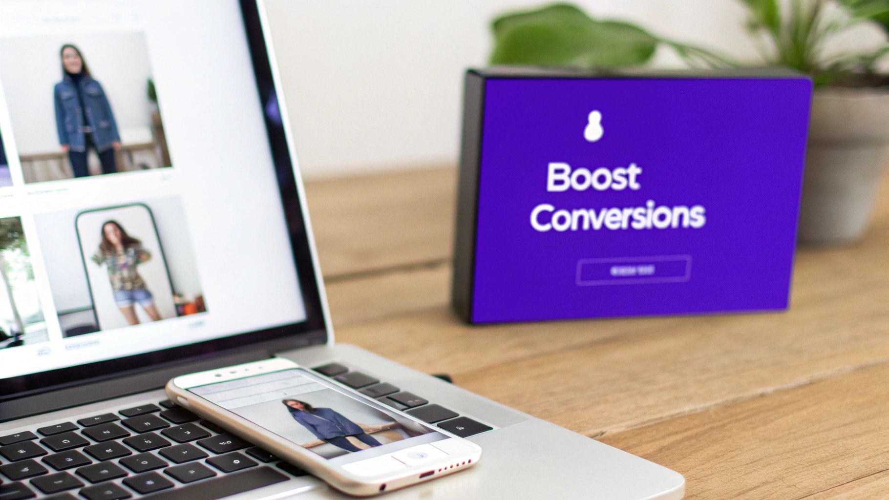 Multiple devices displaying fashion product photography and boost conversions text on purple screen