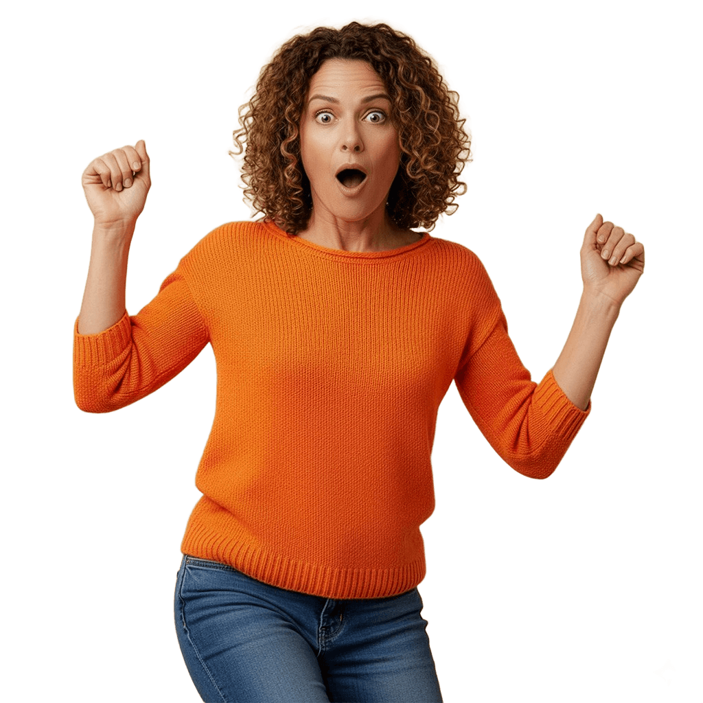 woman with curly hair with hands out representing "wow"? (Background Removed) (Background Removed)