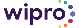The image displays the Wipro logo in purple lowercase letters, accompanied by a series of colorful dots arranged in a semi-circle on the right, representing innovation and diversity.