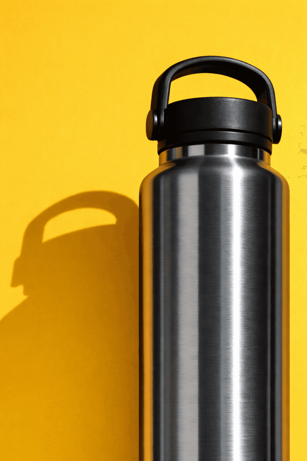Stainless steel water bottle on orange background