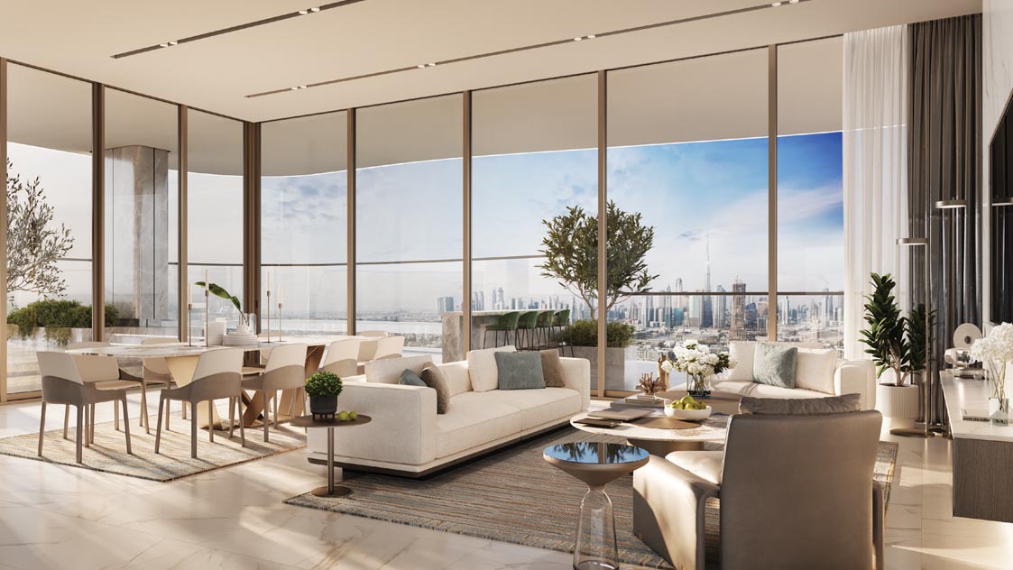 Stylish living room in Mansory Residences, offering a breathtaking view of the city through floor-to-ceiling windows.