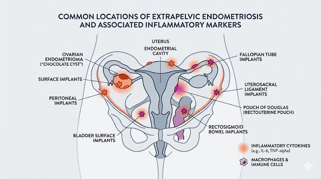 Endometriosis tissue locations and inflammation in the pelvic cavity