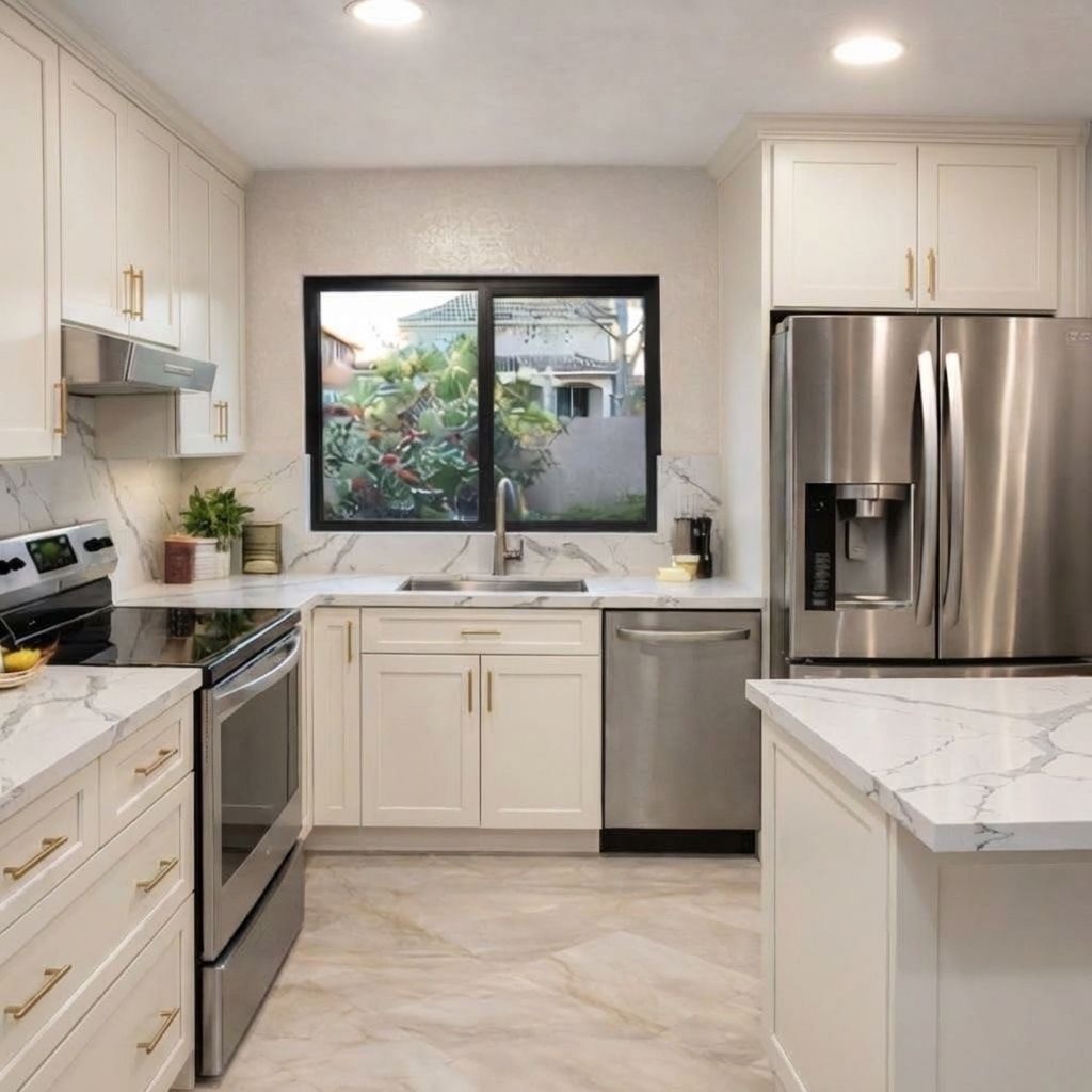 Same kitchen renovated with warm white shaker cabinets and marble quartz countertops