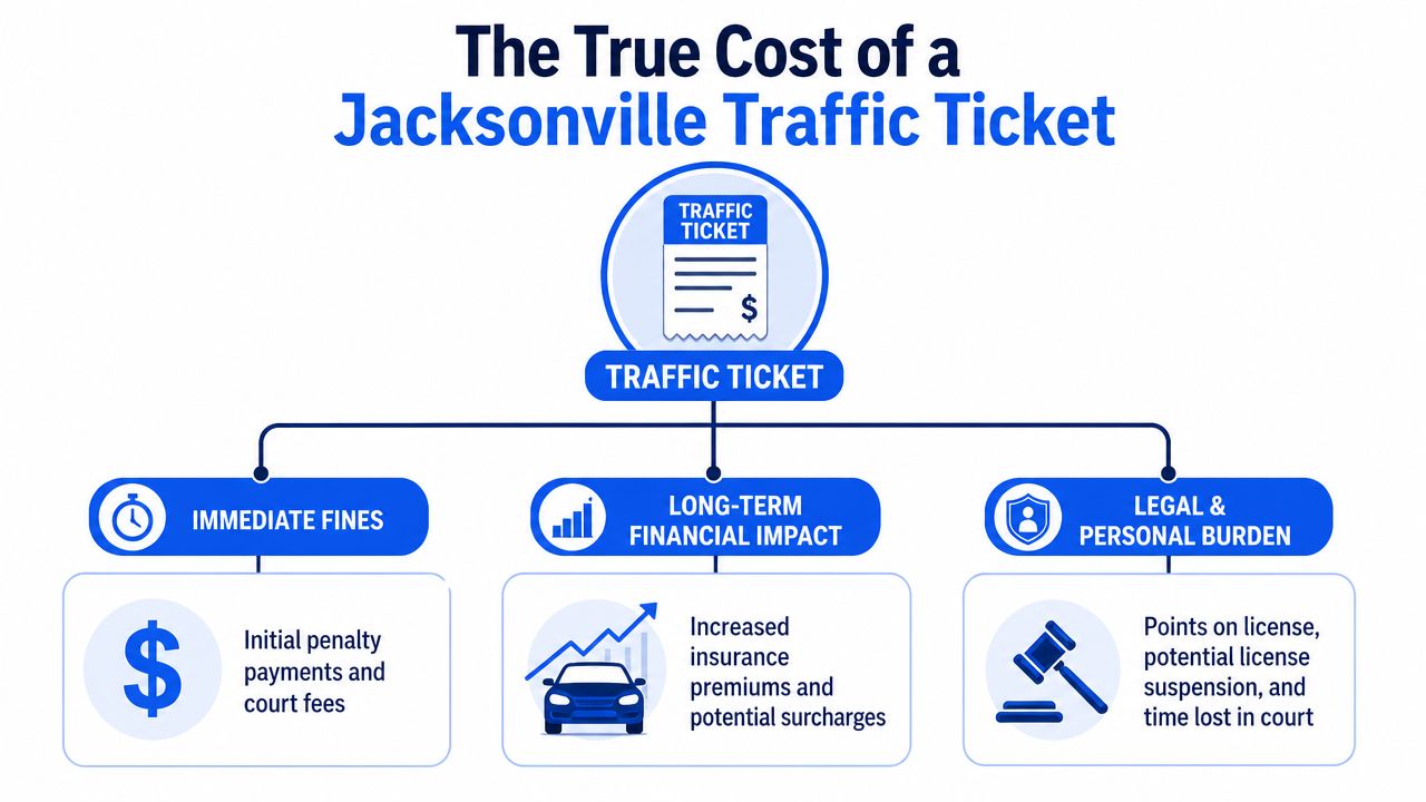 A flowchart infographic detailing the immediate and long-term costs and personal burdens of receiving a traffic ticket.
