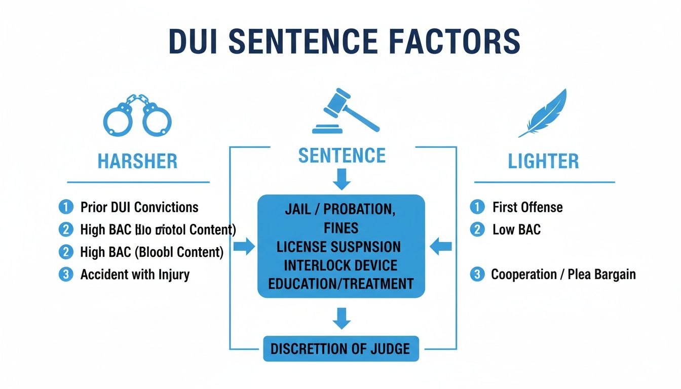 Infographic illustrating DUI sentence factors, categorizing elements for harsher or lighter penalties.