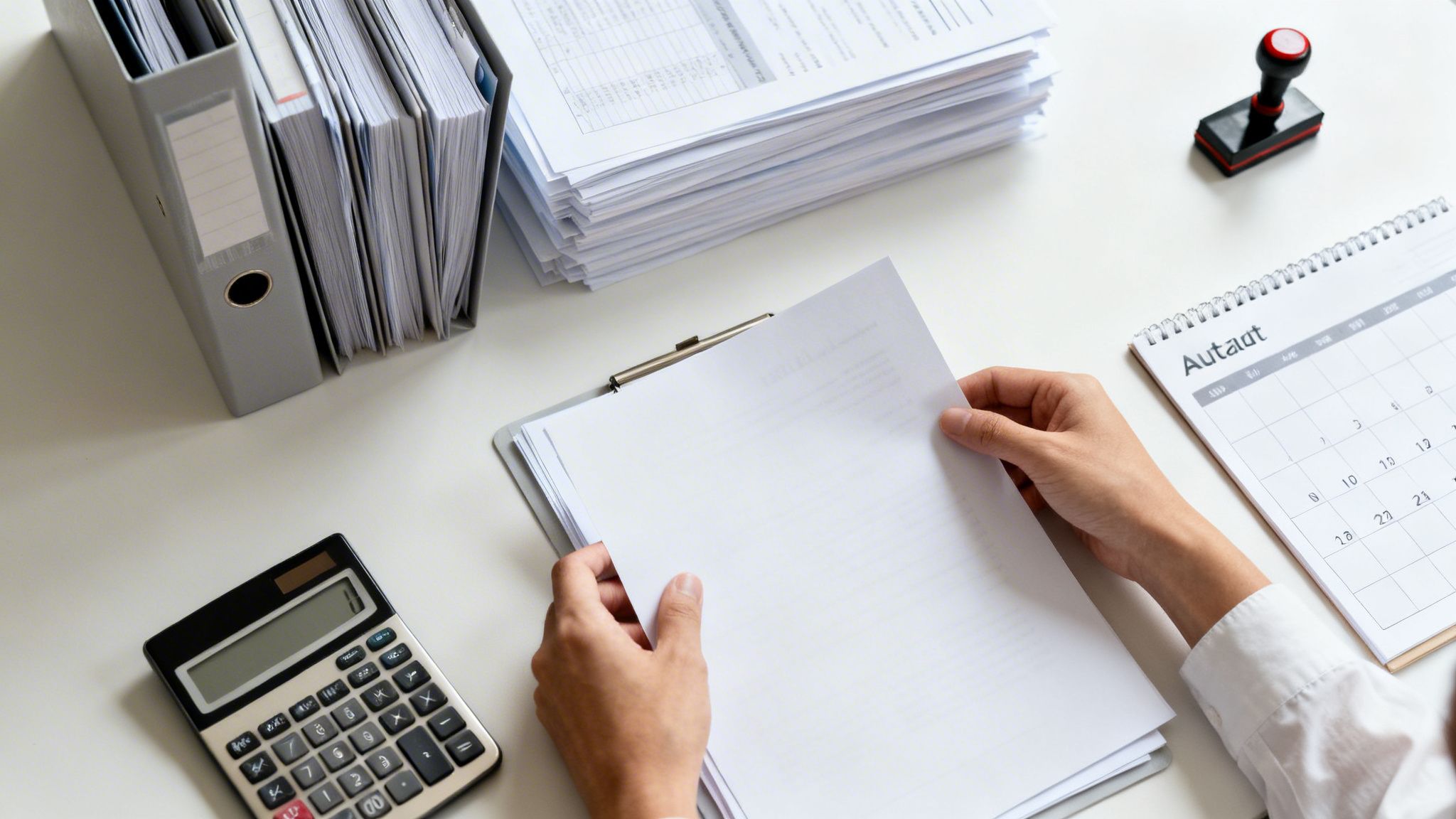 En person granskar dokument vid ett skrivbord med pärmar, papper, en miniräknare och en stämpel.