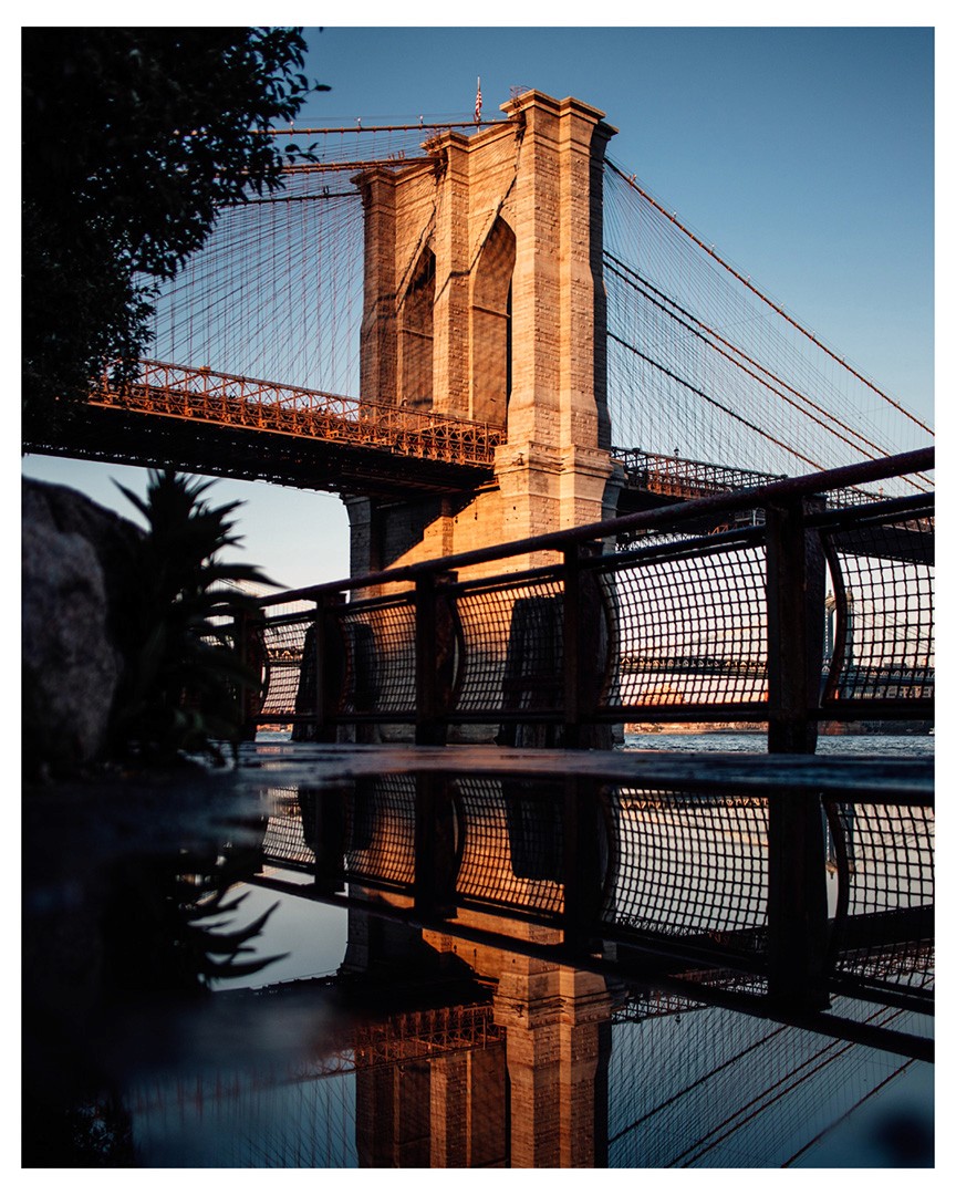 Photo of Brooklyn Bridge in the evening sun being reflected in a puddle