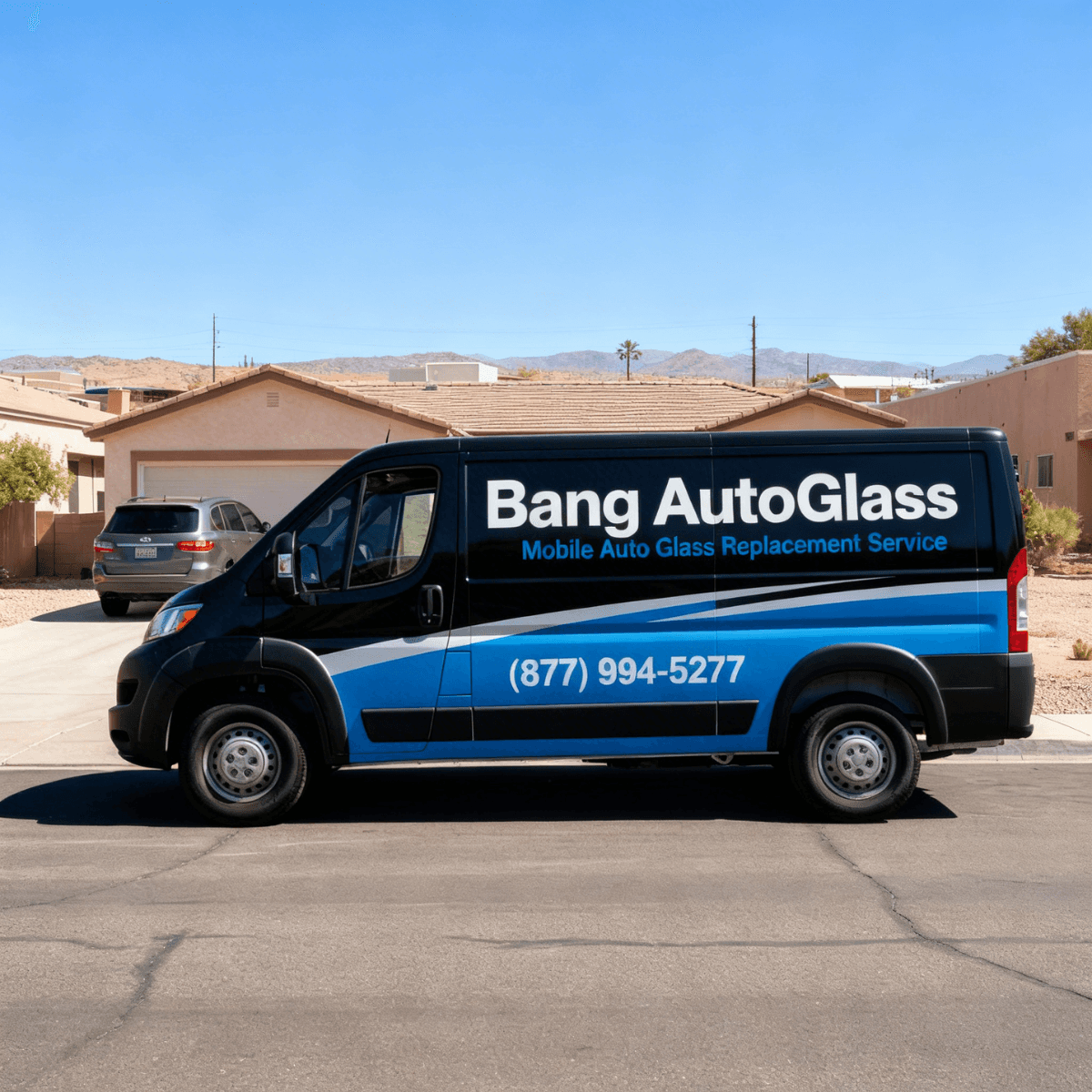 Bang AutoGlass van ready for action at a Sierra Vista, AZ home near the Huachuca Mountains for a windshield replacement call