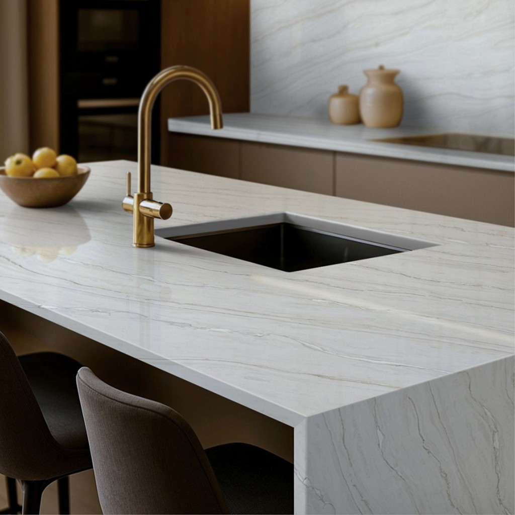 Macavella quartz waterfall island with a brass faucet