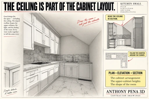 Kitchen cover showing an L-shaped counter and upper cupboards beneath a sloping ceiling.