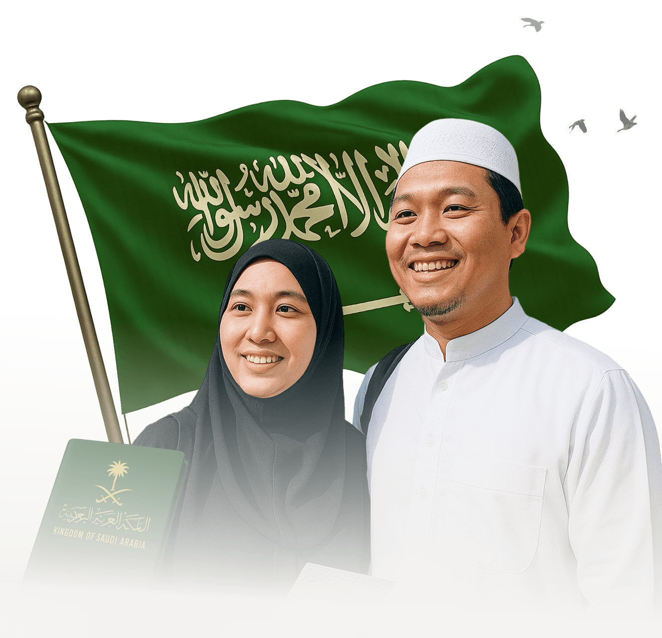 Pasangan suami istri di depan bendera Saudi