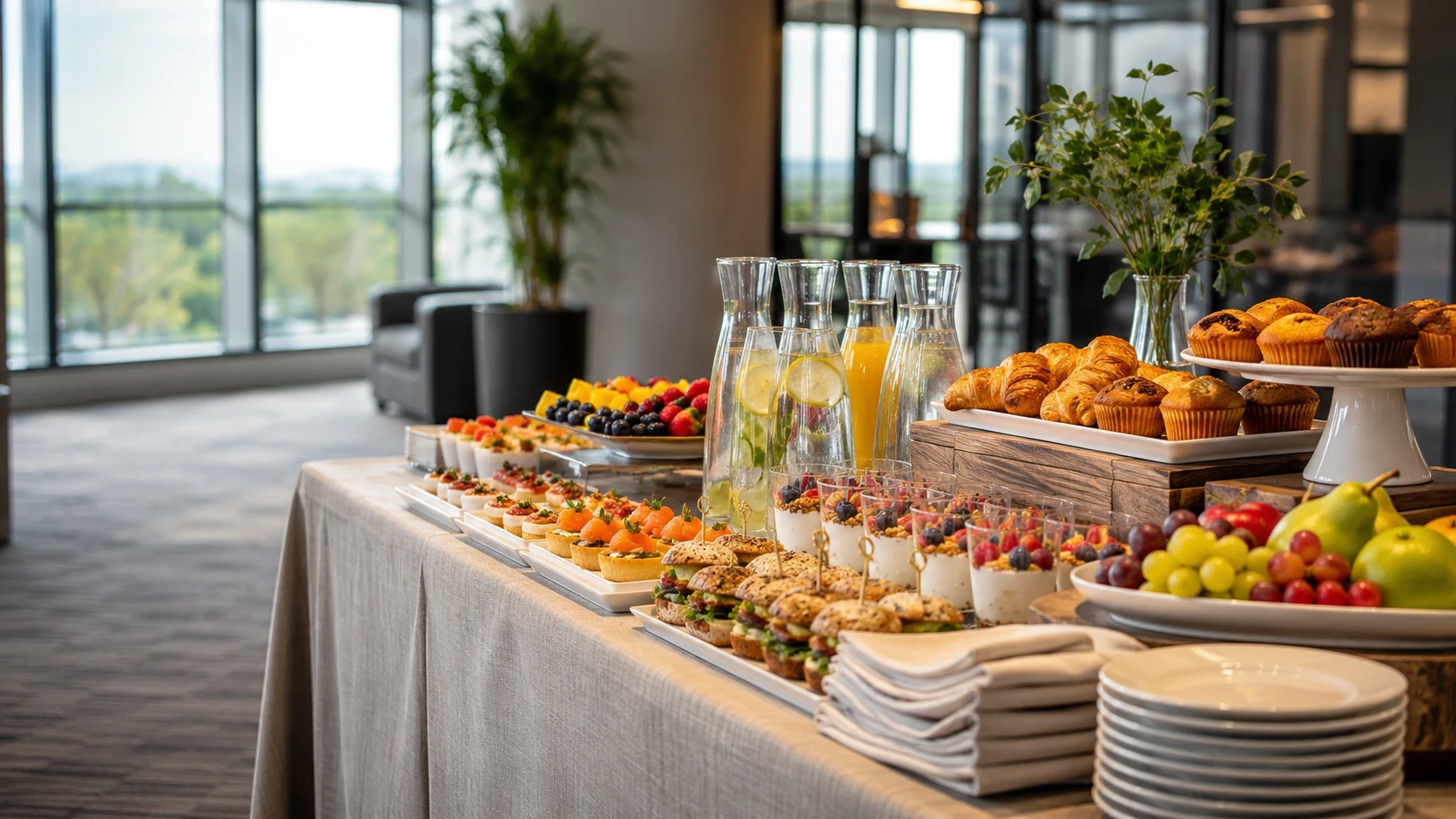 Estação de coffee break executivo montada em escritório, com salgados gourmet e frutas em mesa de fornecedor de buffet corporativo