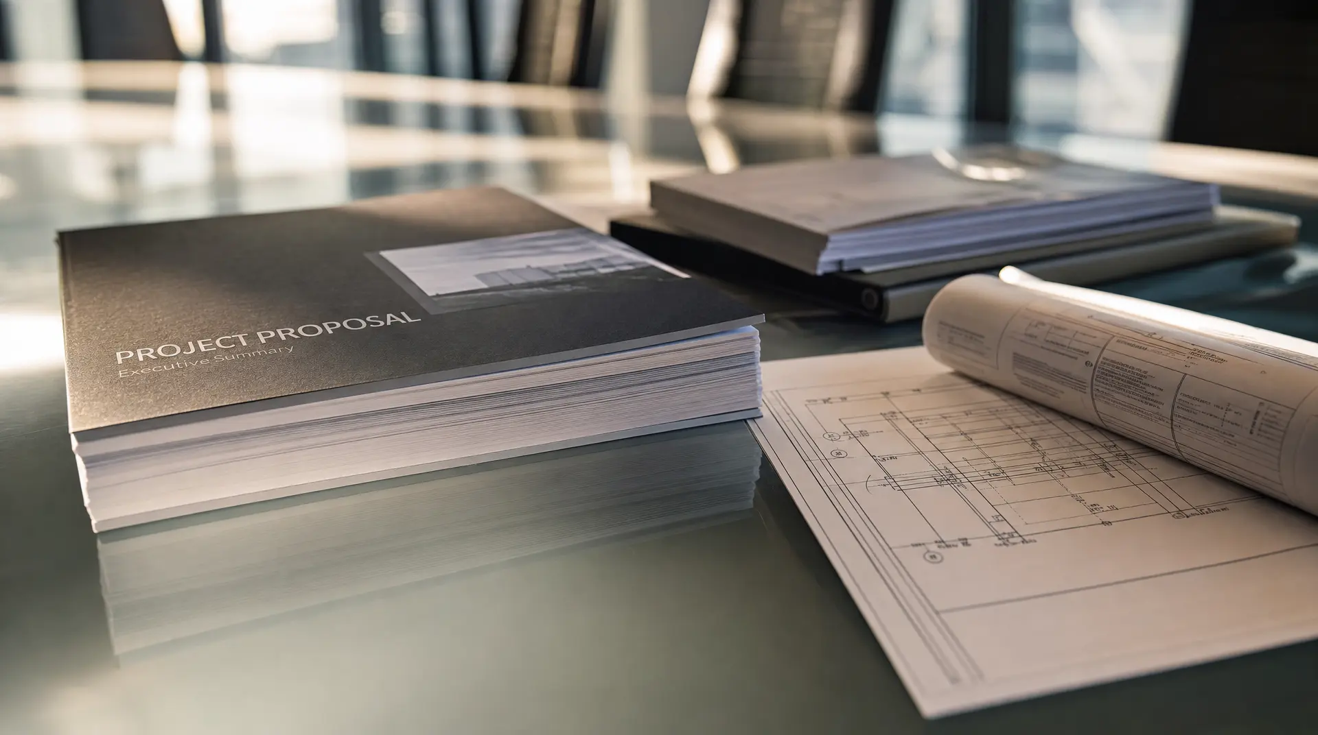 Black "PROJECT PROPOSAL" executive summary folders and architectural plans on a glass desk, illustrating brand identity design.