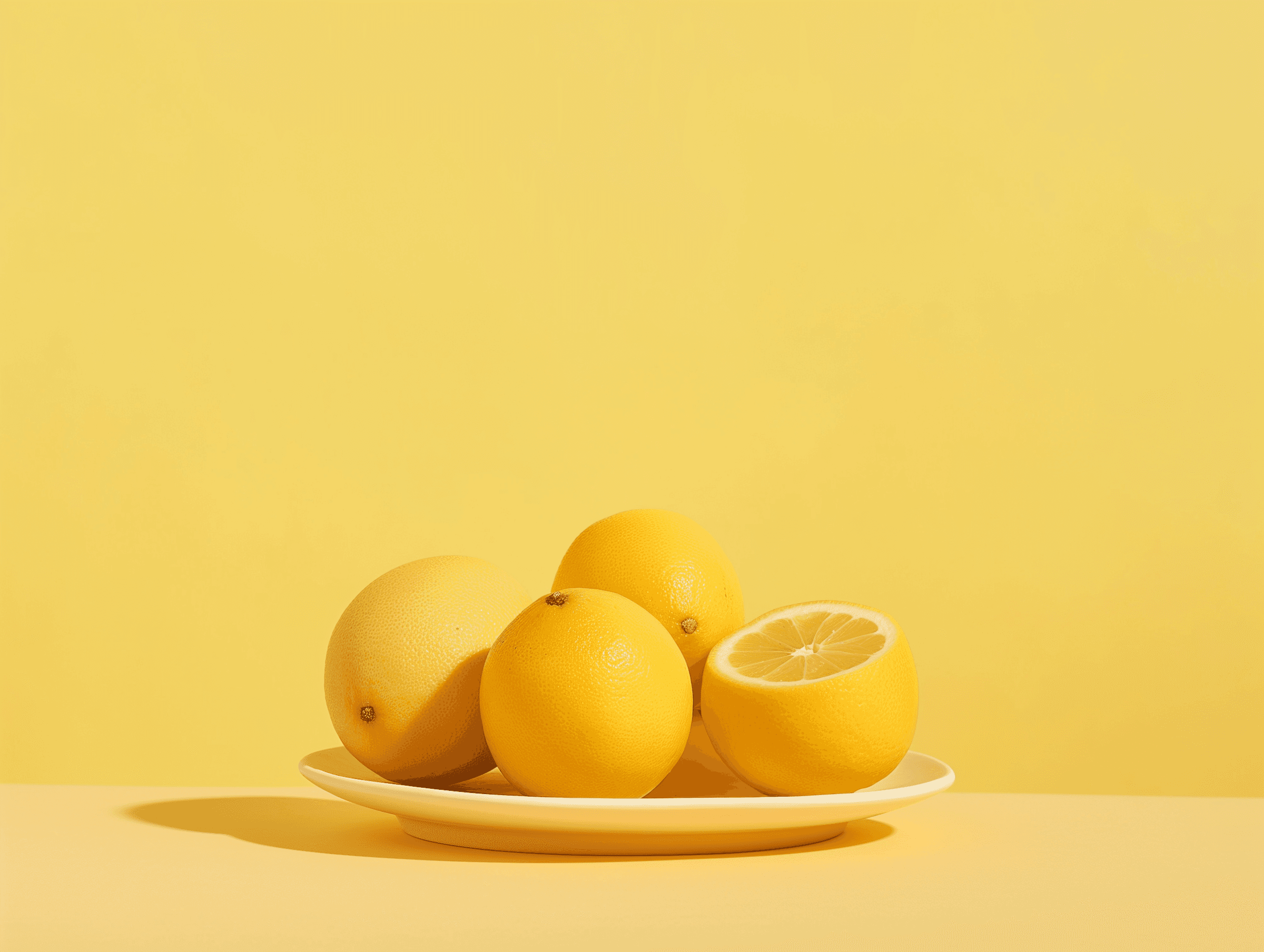 Minimalist lemon product photo with glass cup on pastel yellow background