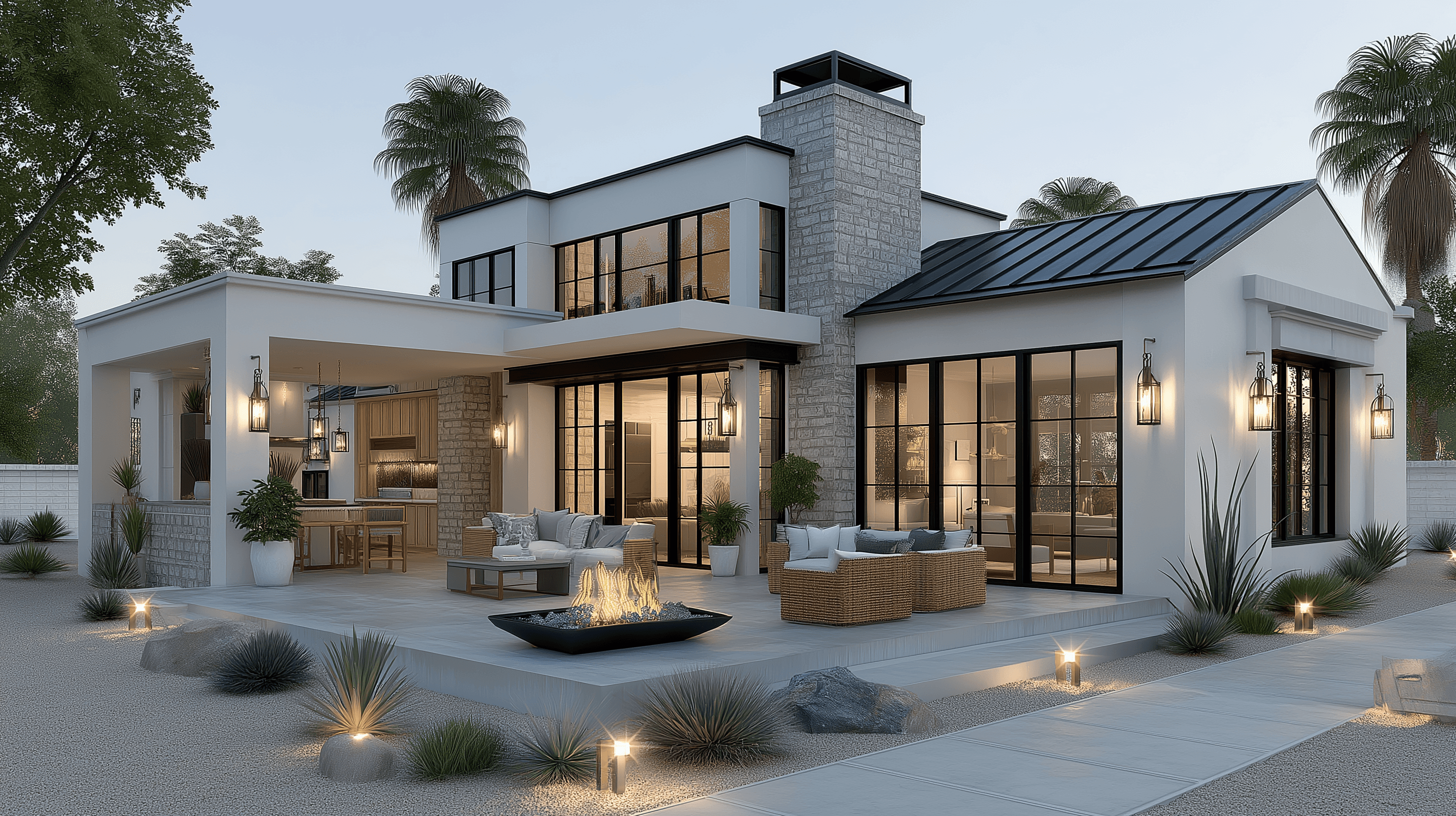 Modern house with a spacious, lit patio and fire pit, illustrating a guide on renting versus buying.