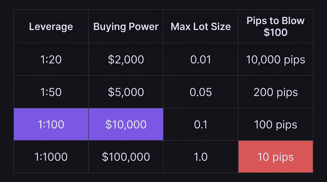 Comparison table showing leverage levels and pip survival on a $100 forex account