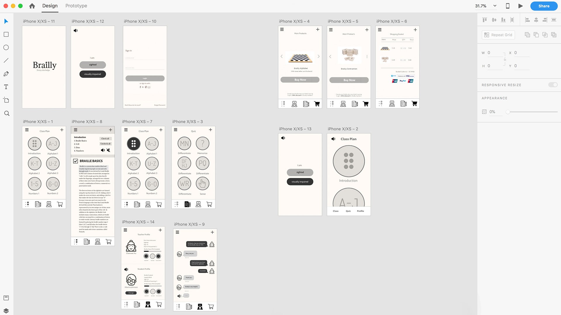 A screenshot displays a grid of design elements in Apple Xcode, organized into four columns labeled XS-4 through XS-10. The left column includes XS-4 through XS-10, XS-10-X, and XS-10-XS-10. The right column shows XS-4 through XS-10, XS-10-XS-10, and XS-10-XS-10-XS-10. Each row contains various design components such as text, icons, buttons, and graphics in shades of gray, black, and white. The top left corner displays a row of small colored circles. The top right shows “RESPONSIVE RESEARCH” and “APPLE” in the top right corner. The bottom right shows “APPEARANCE” in the bottom right corner.