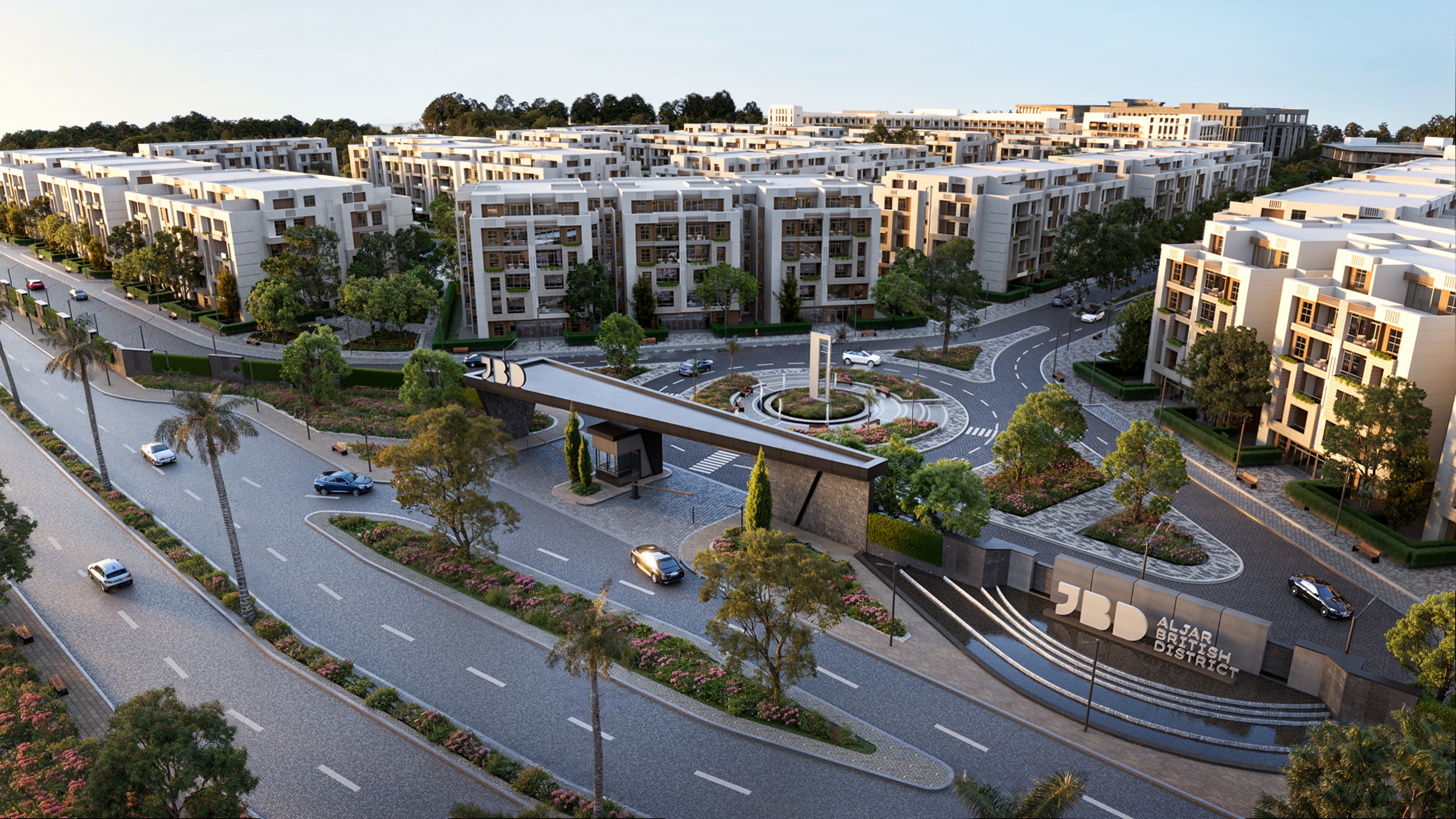 a bird's eye view of the Aljar British District entrance gate