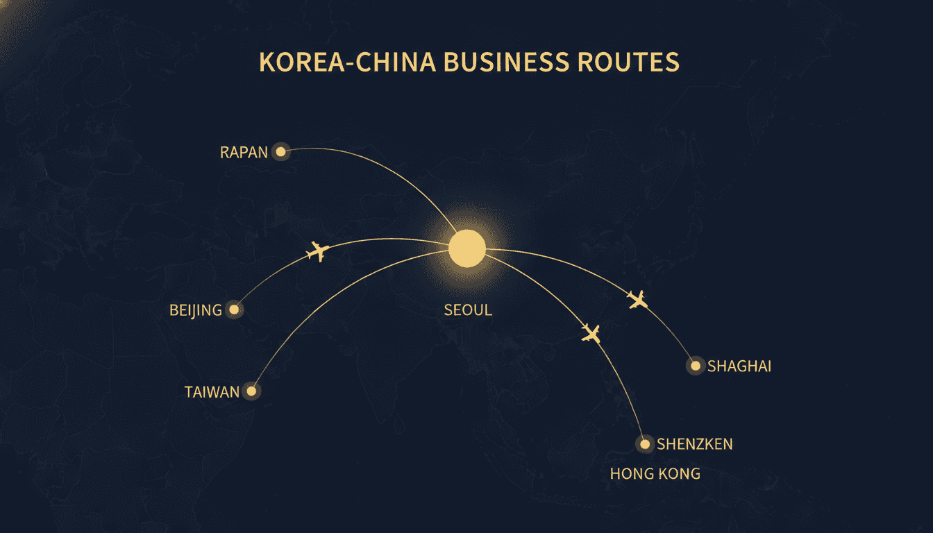 Route map of Korea-China business private jet flights from Seoul to Shanghai Beijing Shenzhen and Hong Kong