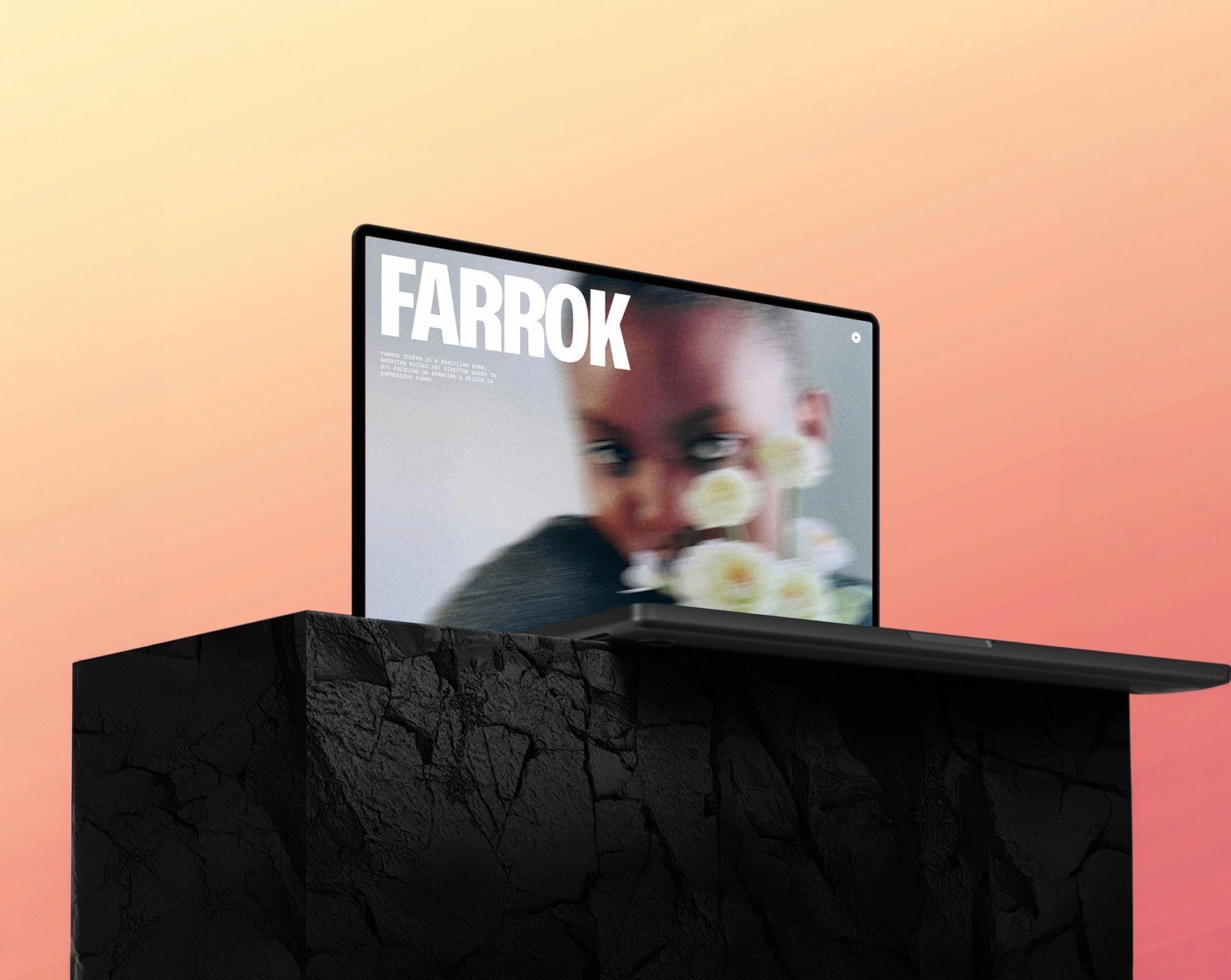 Black-and-white portfolio website hero with oversized “FARROK” typography and “Work About Connect” navigation.