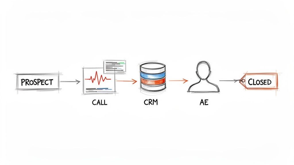 A hand-drawn flowchart illustrating a sales process from prospect to closing, including call, CRM, and AE.