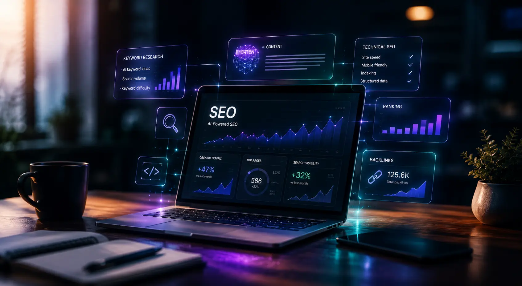AI til SEO med analyse af søgeord, rankings og organisk trafik