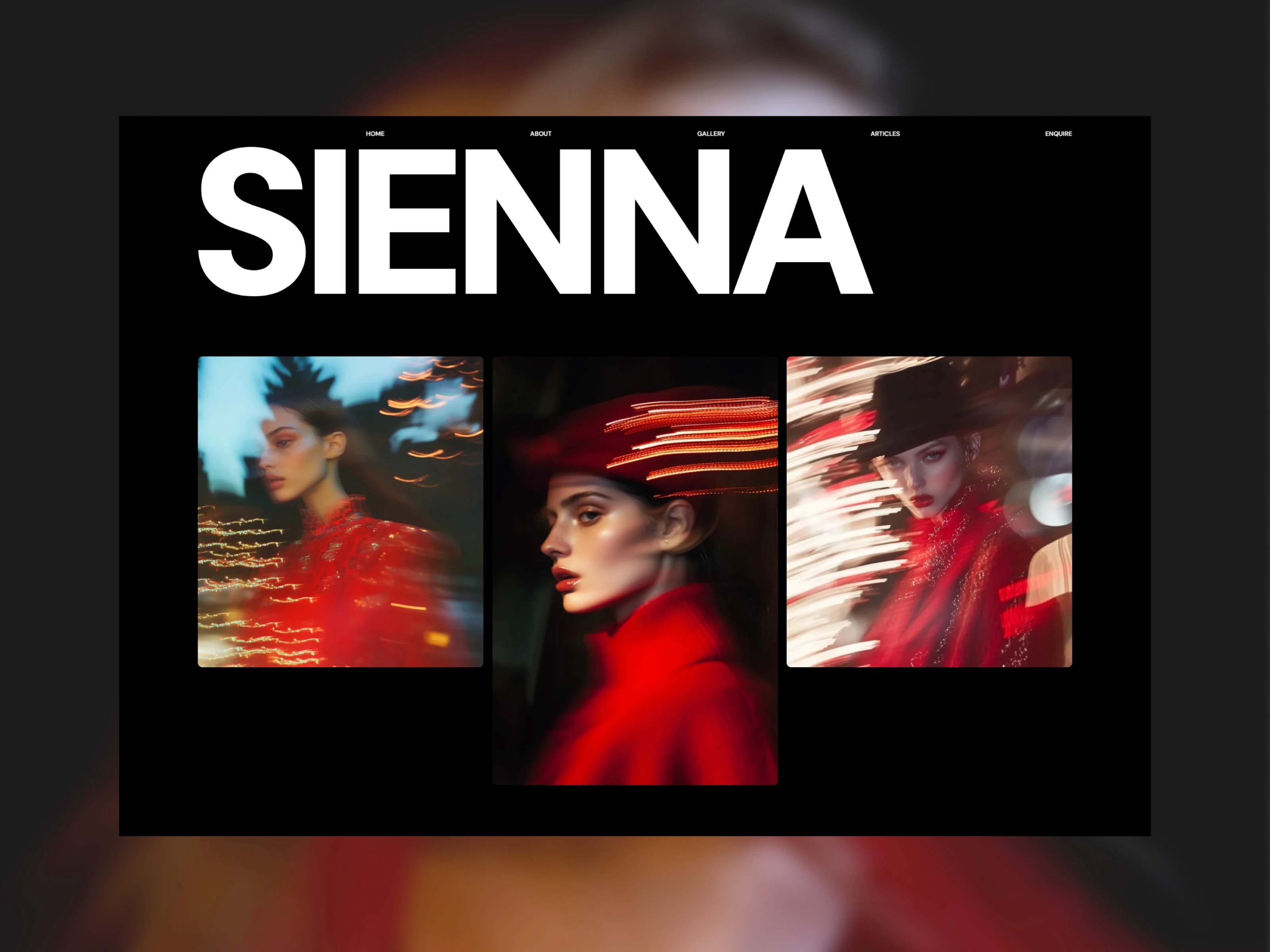 SIENNA website hero section featuring three motion-blurred fashion portraits of models in red.
